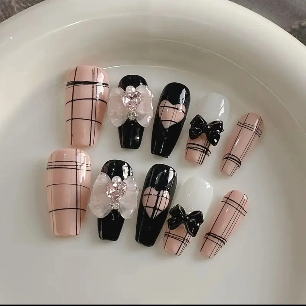New Pink & Black Plaid 3D Nail Art Set reusable handmade acrylic Medium Length